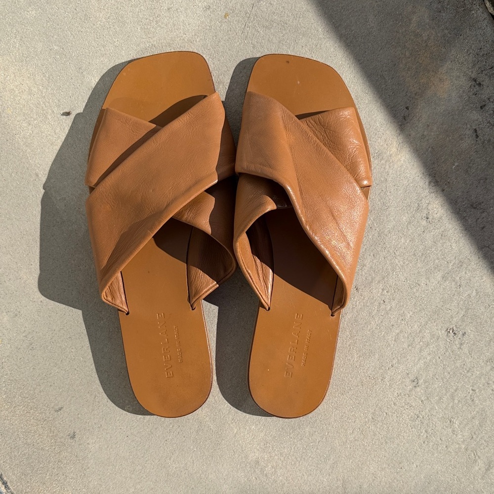 Everlane Cognac Leather Crisscross Slide Sandals